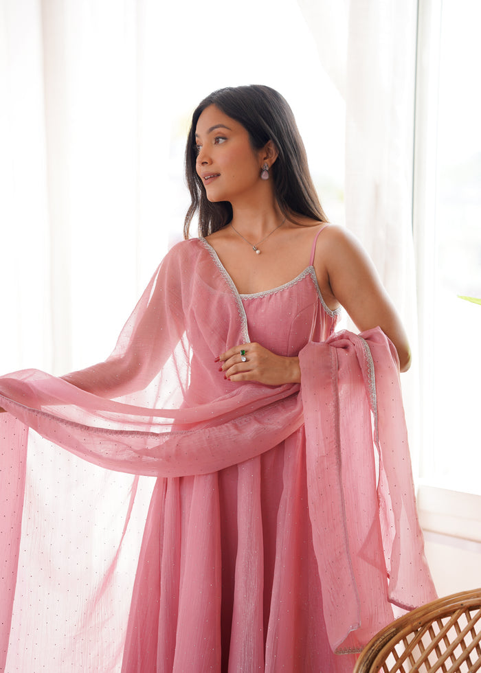 Dusty Pink Color Crunchy Silk Ethnic Anarkali Suit with Dupatta