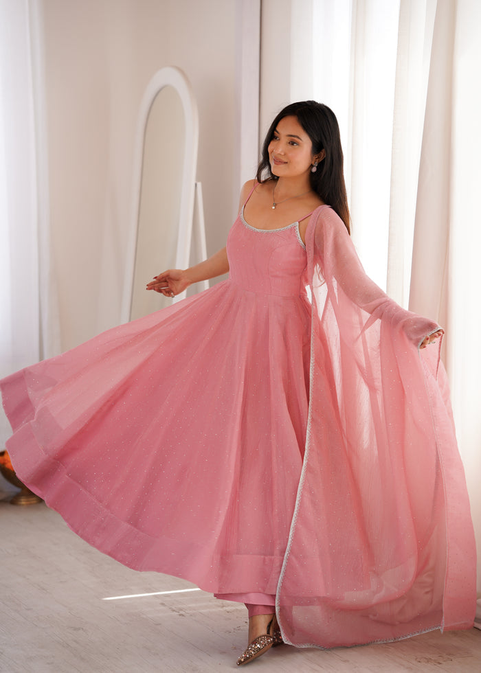 Dusty Pink Color Crunchy Silk Ethnic Anarkali Suit with Dupatta