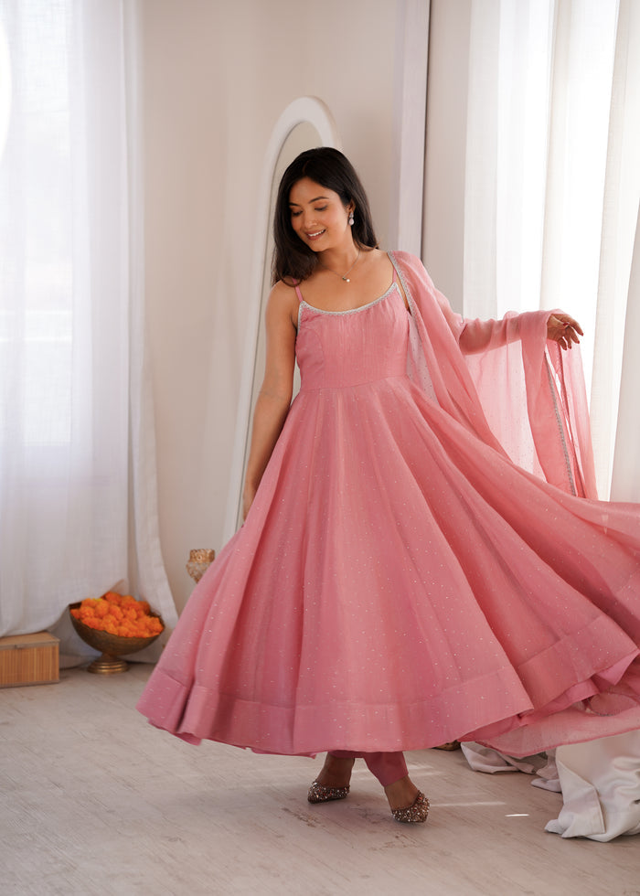 Dusty Pink Color Crunchy Silk Ethnic Anarkali Suit with Dupatta