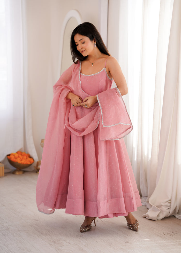 Dusty Pink Color Crunchy Silk Ethnic Anarkali Suit with Dupatta