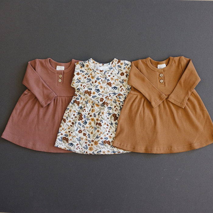 Dusty Rose Long Sleeve Button Ribbed Organic Dress