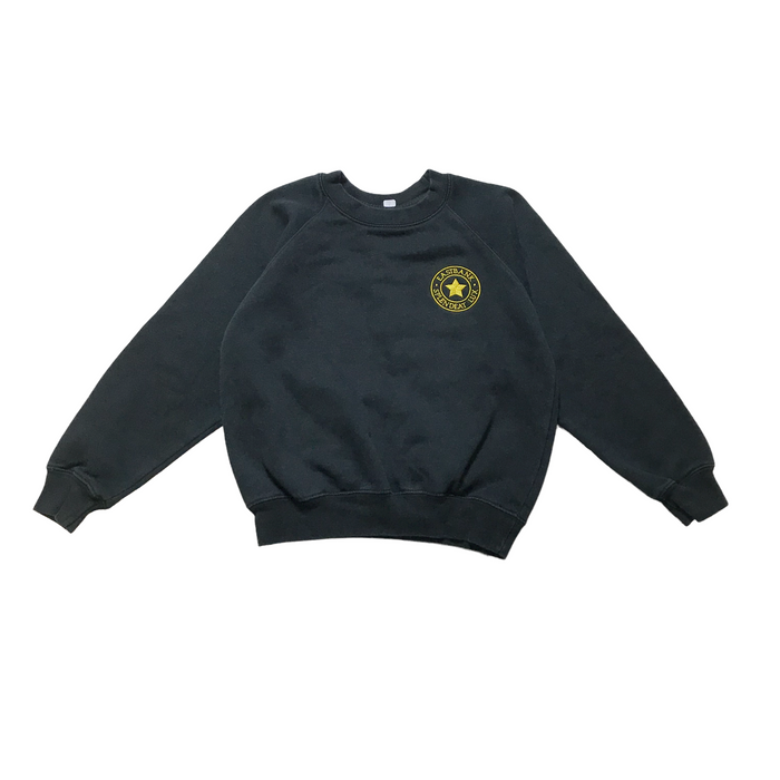 Second-hand Eastbank Primary boys black crewneck school sweatshirt, flat lay view with embroidered school badge.