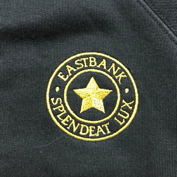 Second-hand Eastbank Primary boys black crewneck school sweatshirt, flat lay view with embroidered school badge.