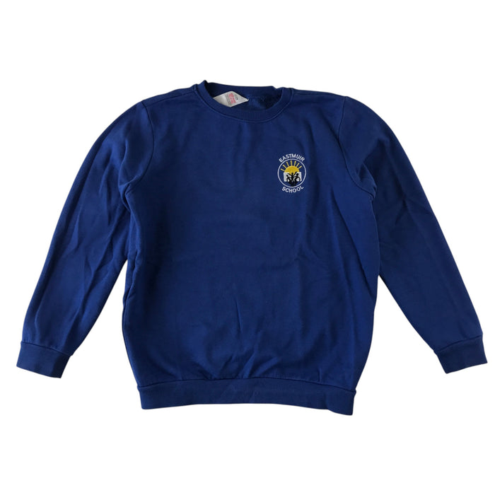 Second-hand Eastmuir Primary royal blue crewneck school sweatshirt, flat lay view with embroidered school badge.