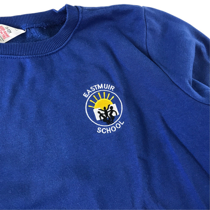 Second-hand Eastmuir Primary royal blue crewneck school sweatshirt, flat lay view with embroidered school badge.