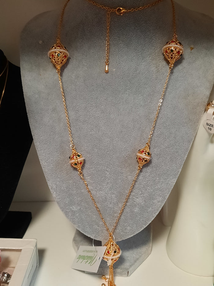 Egyprian gold plated small drum beads necklace with studded colorful stones - NATASHAHS
