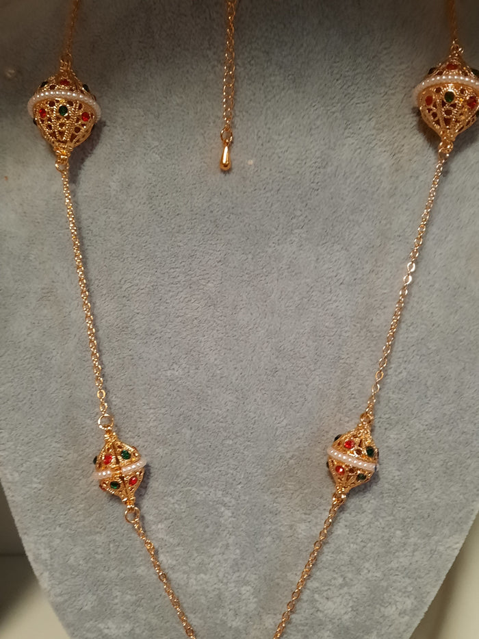 Egyprian gold plated small drum beads necklace with studded colorful stones - NATASHAHS