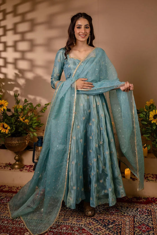 Elegant Sky Blue Anarkali Suit Set – Perfect for Weddings & Special Occasions