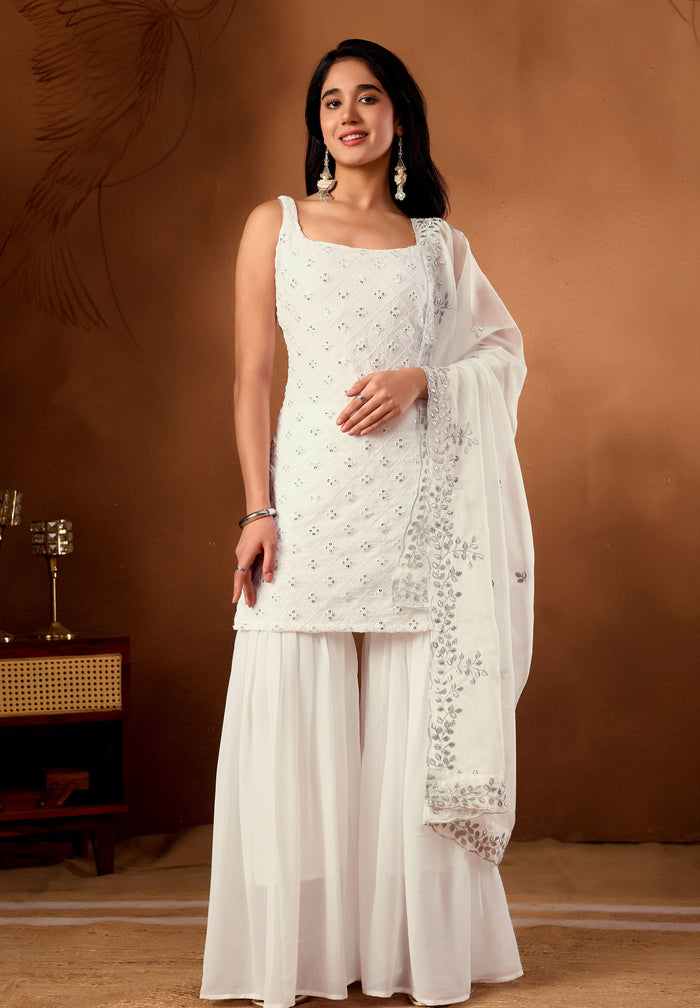 Elegant White Embroidered  Designer Sharara Suit Set & Kurta Sets