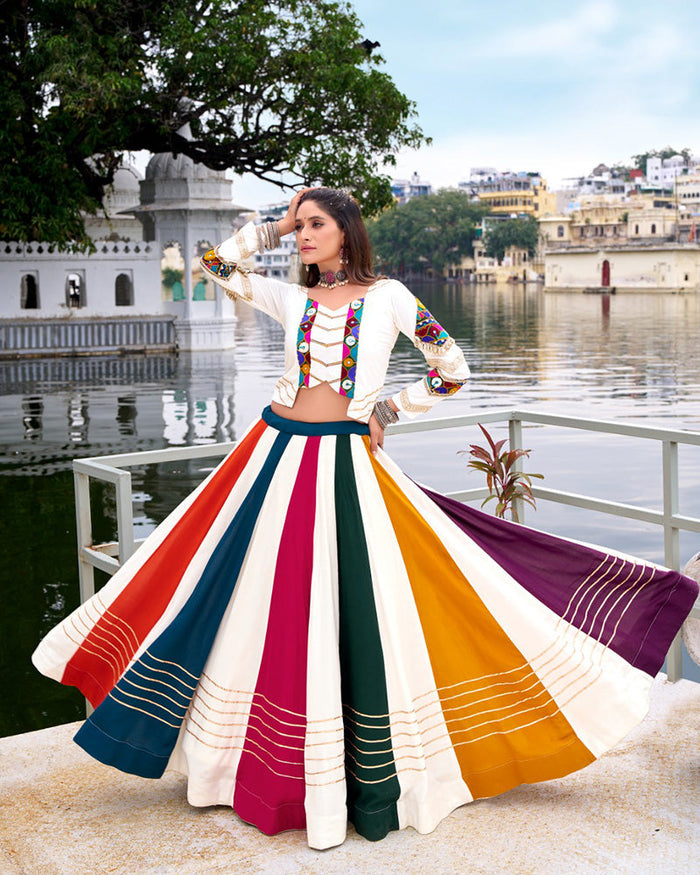 Ethnic Rayon Gamthi Embroidery Multi-Color Navratri Lehenga Choli