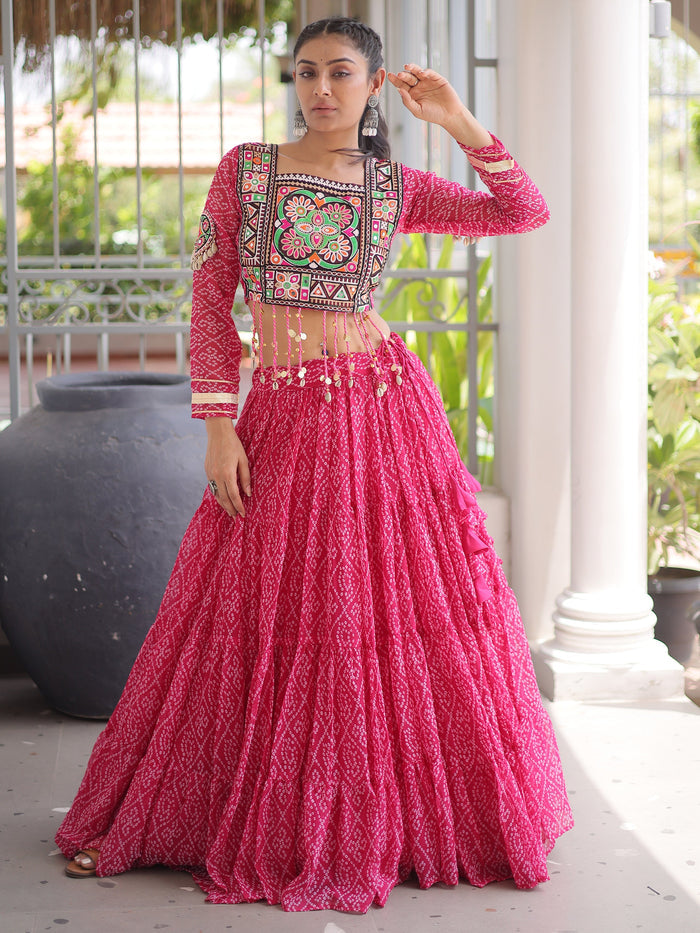 Excellent Pink Bandhani Printed Georgette Navratri Wear Lehenga Choli
