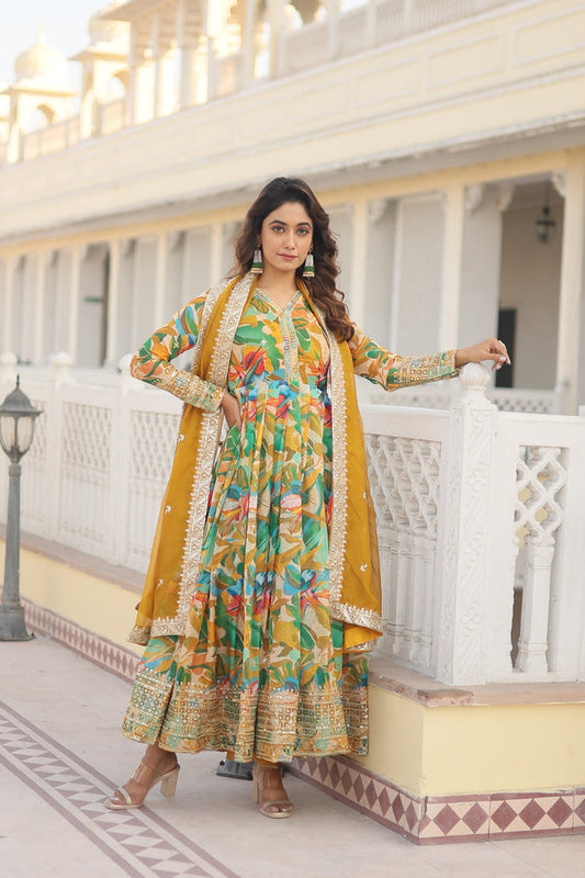 Eyes Catching Multi Digital Printed Yellow Anarkali Gown