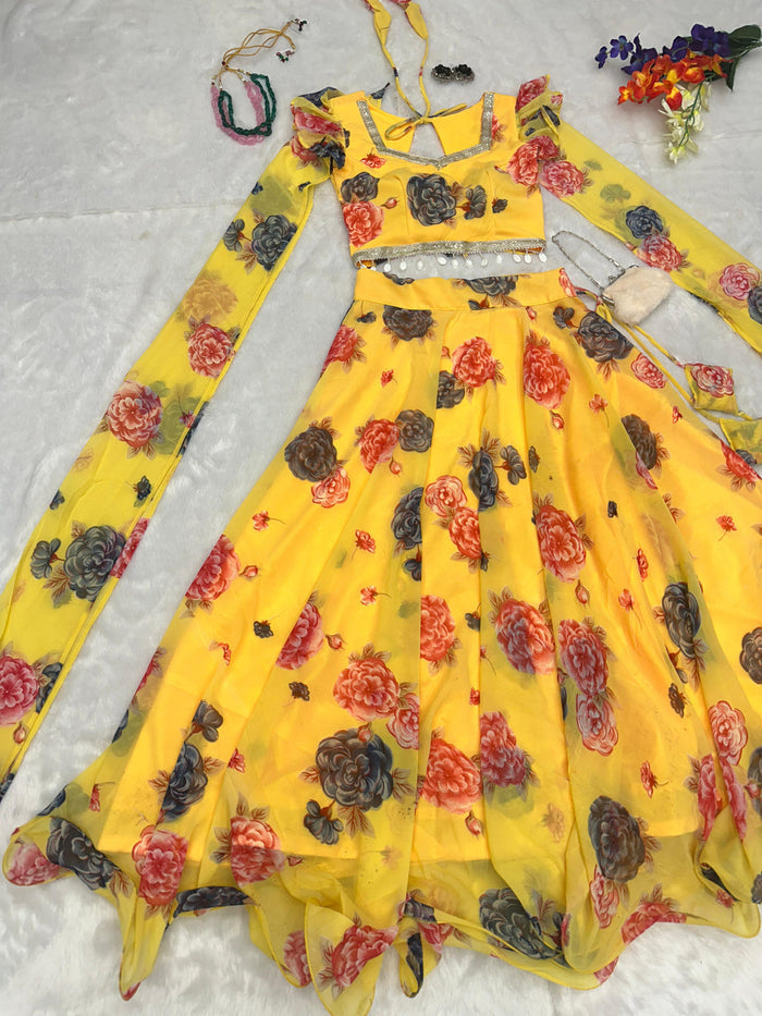 Fancy Sleeves Pattern Flower Print Yellow Lehenga Choli