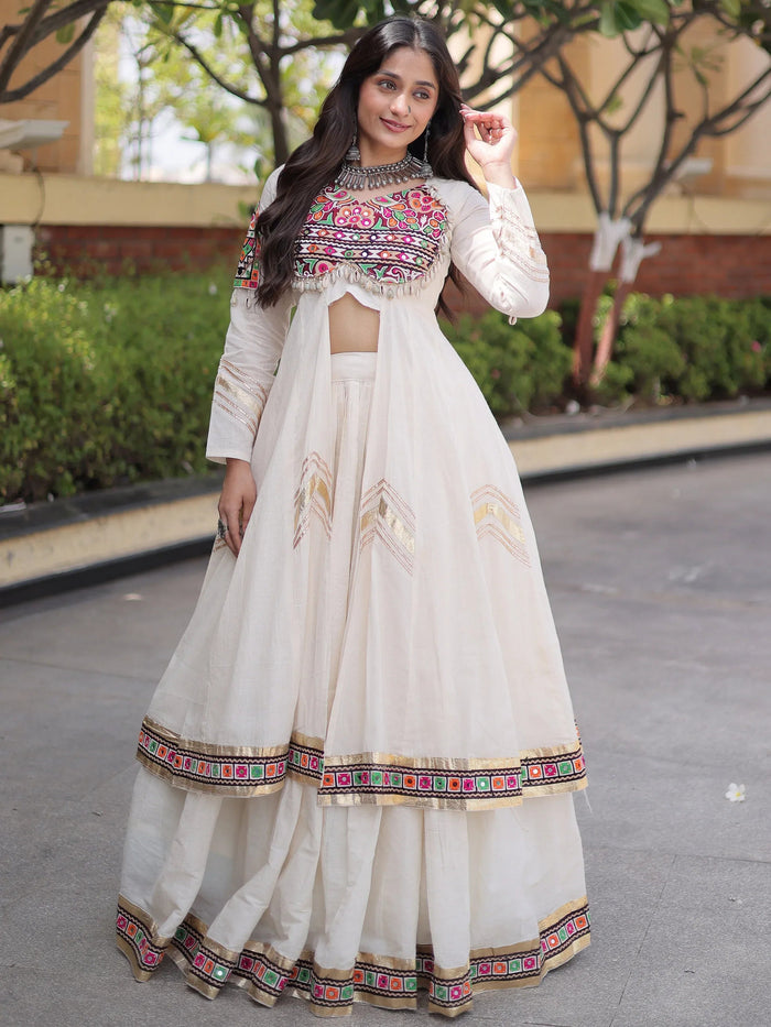 Fantastic White Gota Laced Cotton Navratri Wear Lehenga With Shrug