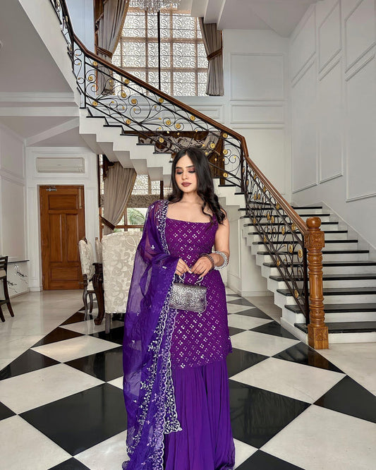 Festive Royal Purple Sharara Suit with Embroidered Kurti & Dupatta