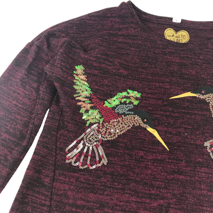 F&F 9 years dark burgundy sequin humming birds jumper