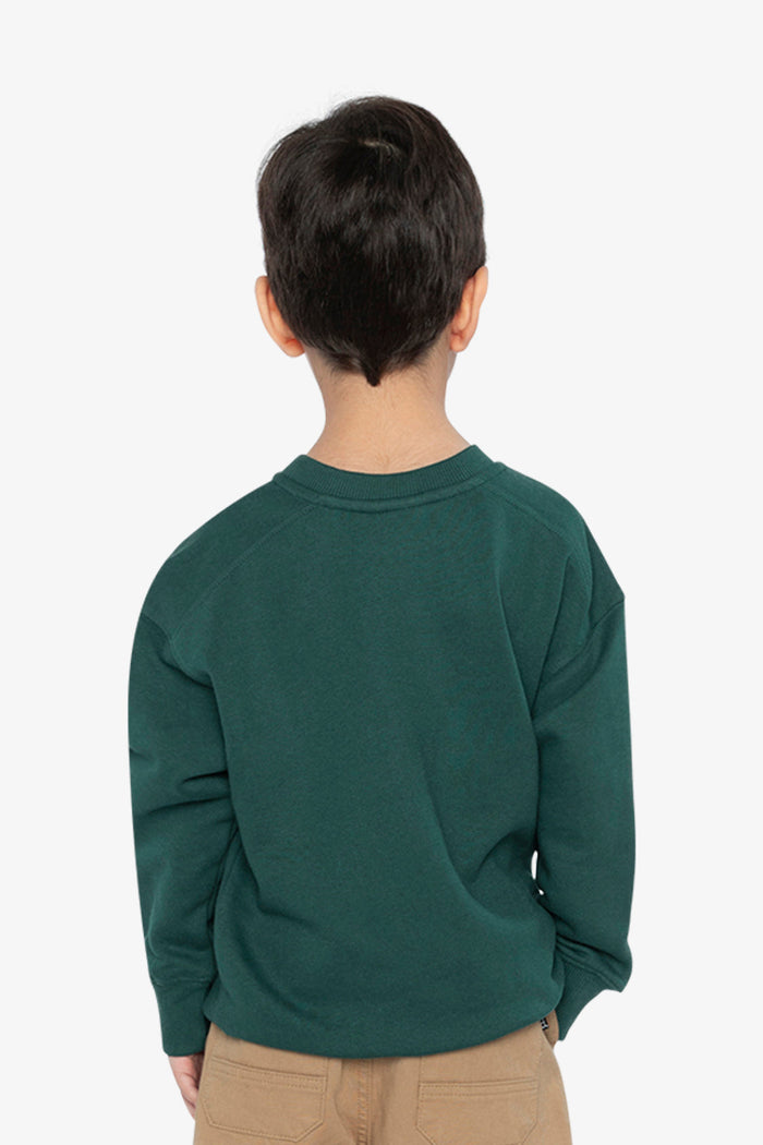 Child wearing the Deux par Deux green fleece sweatshirt with line graphic, view 3
