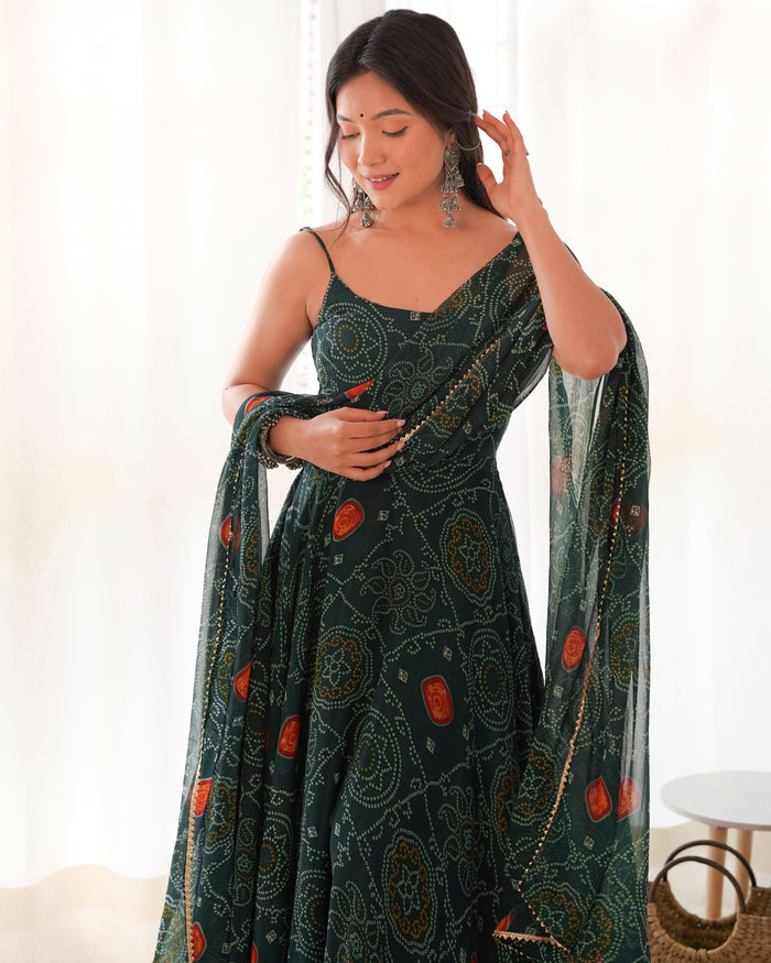 Floral Dark Green Color Bandhani Print Soft Chiffon Anarkali Gown