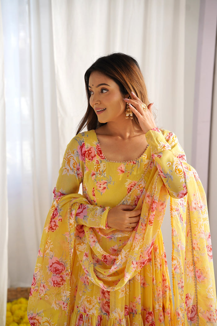 Floral Print Yellow Color Georgette Frill Anarkali Suit
