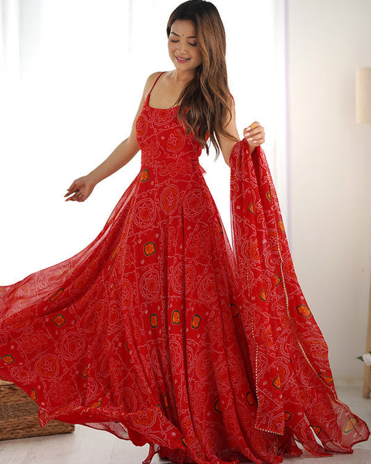Floral Red Color Bandhani Print Soft Chiffon Anarkali Gown
