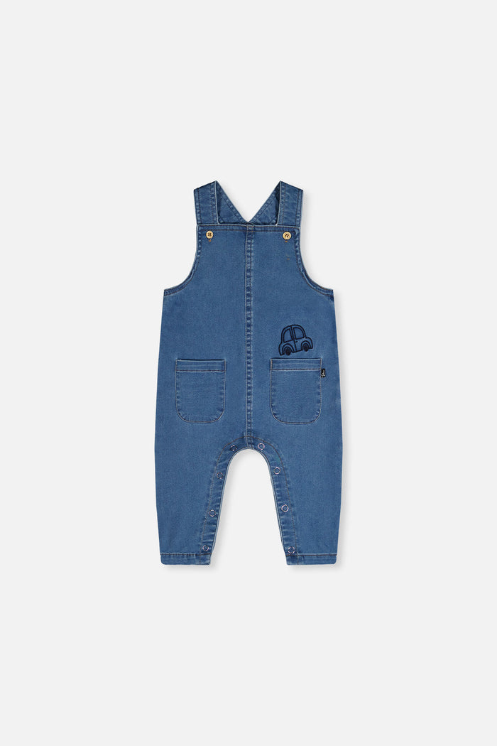 Deux par Deux baby boys French terry denim-look overall in light blue, front view