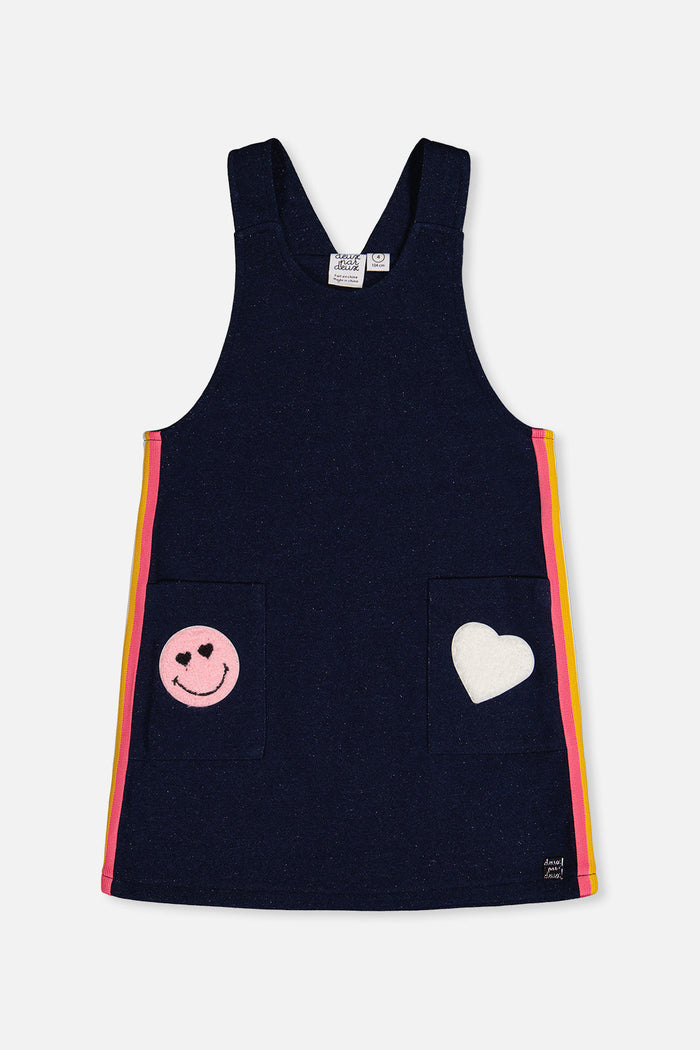 Deux par Deux girls' navy denim-look French terry overall dress – front view