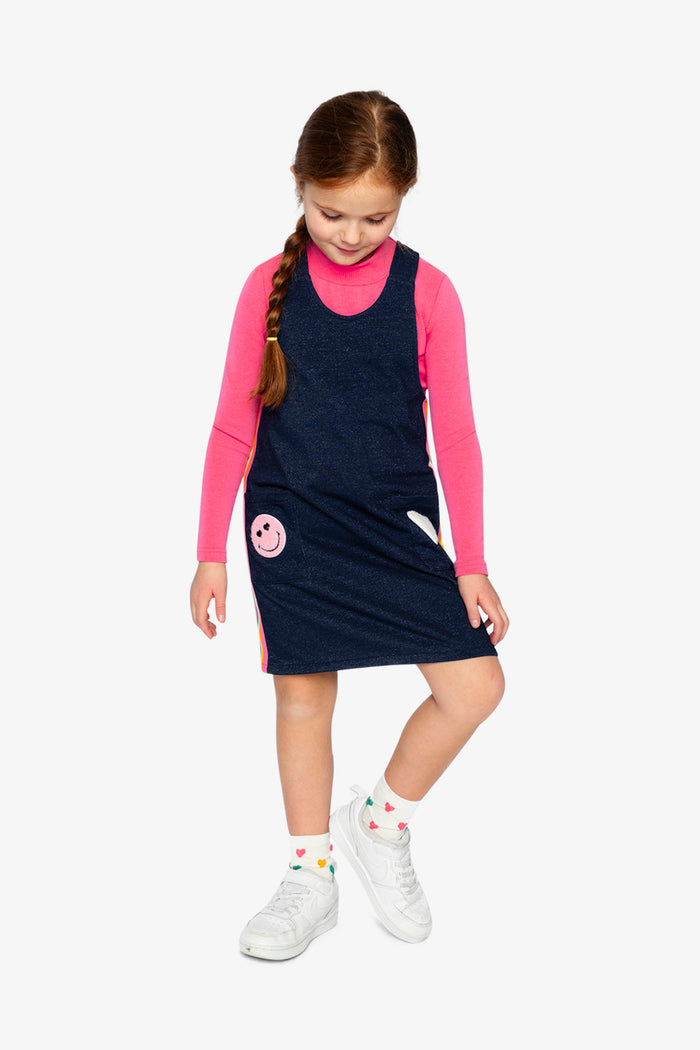 Deux par Deux girls' navy denim-look French terry overall dress – worn by a child model, full length