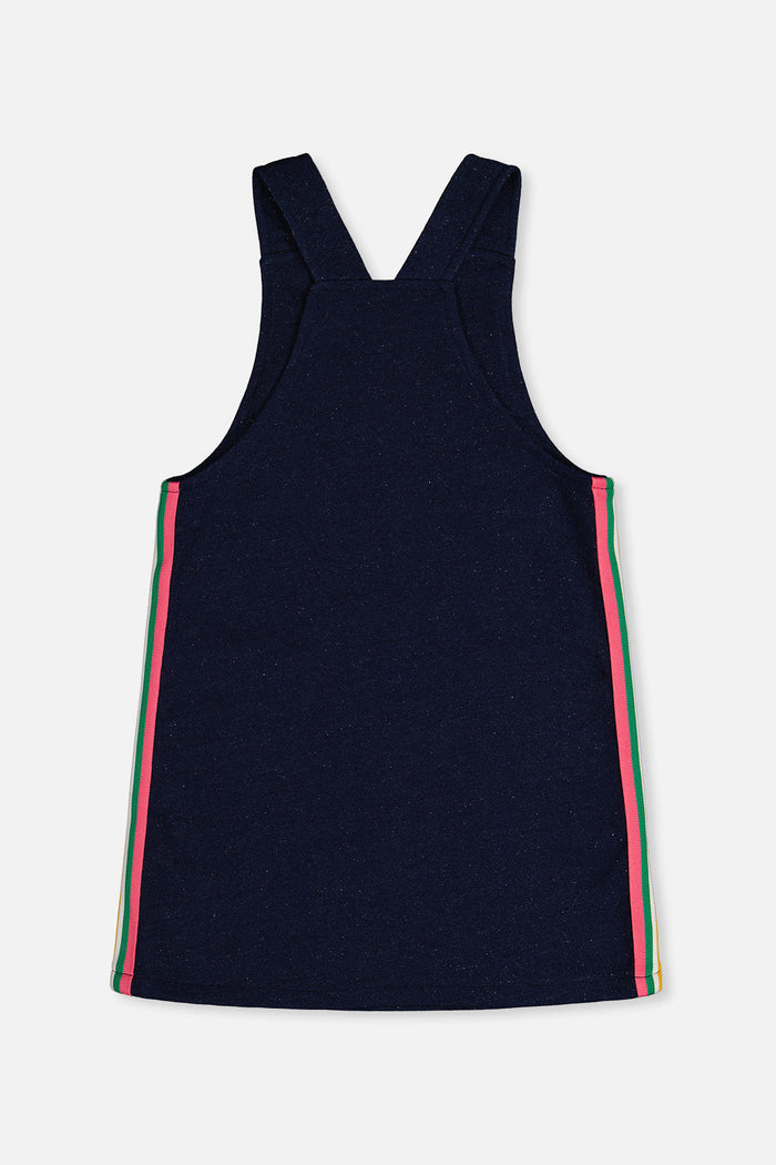 Deux par Deux girls' navy denim-look French terry overall dress – back view