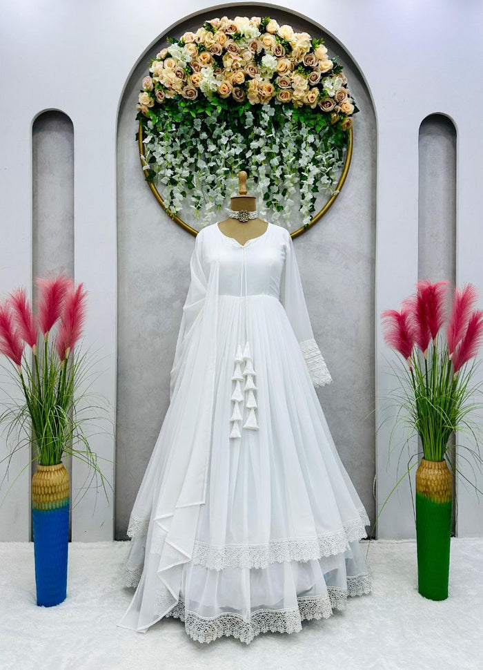 Glorious White Color Lace Work Lovely Long Gown