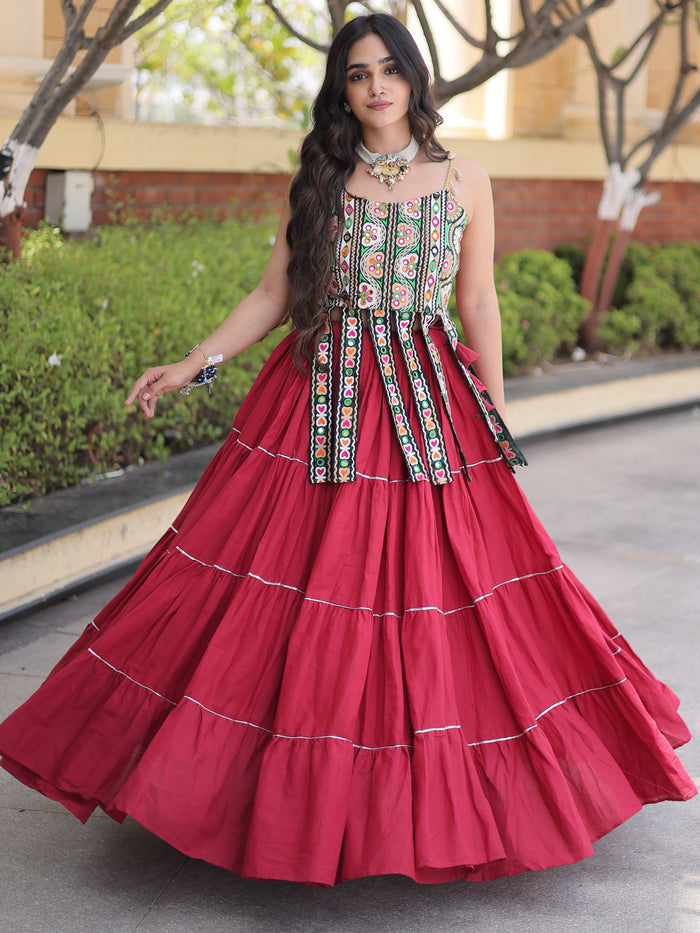 Glowing Maroon Cotton Navratri Wear Lehenga With Patch Work Choli