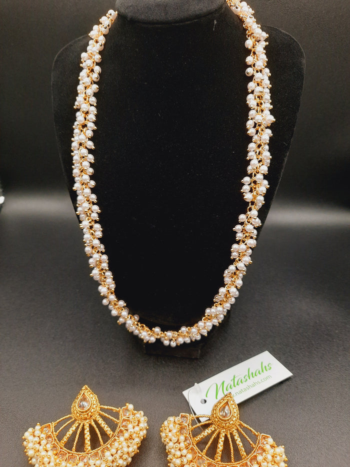 Golden half chrysanthemum gajra beats earrings with heavy beads necklace - NATASHAHS