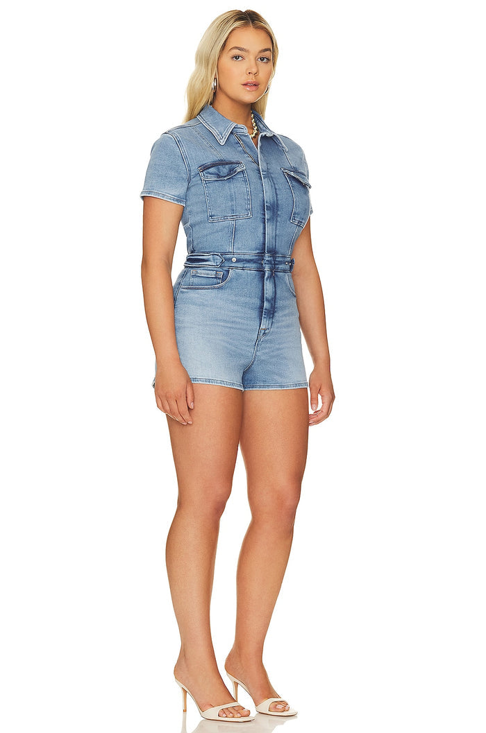 Good American Light Blue Denim Fit For Success Short Jumpsuit