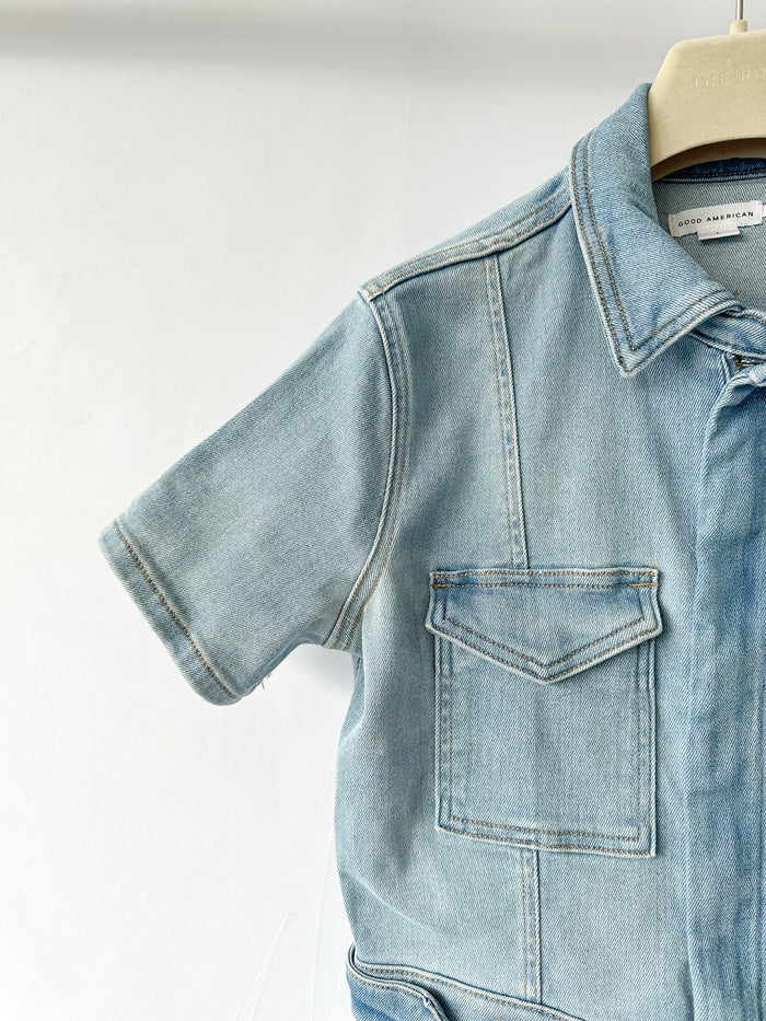 Good American Light Blue Denim Fit For Success Short Jumpsuit