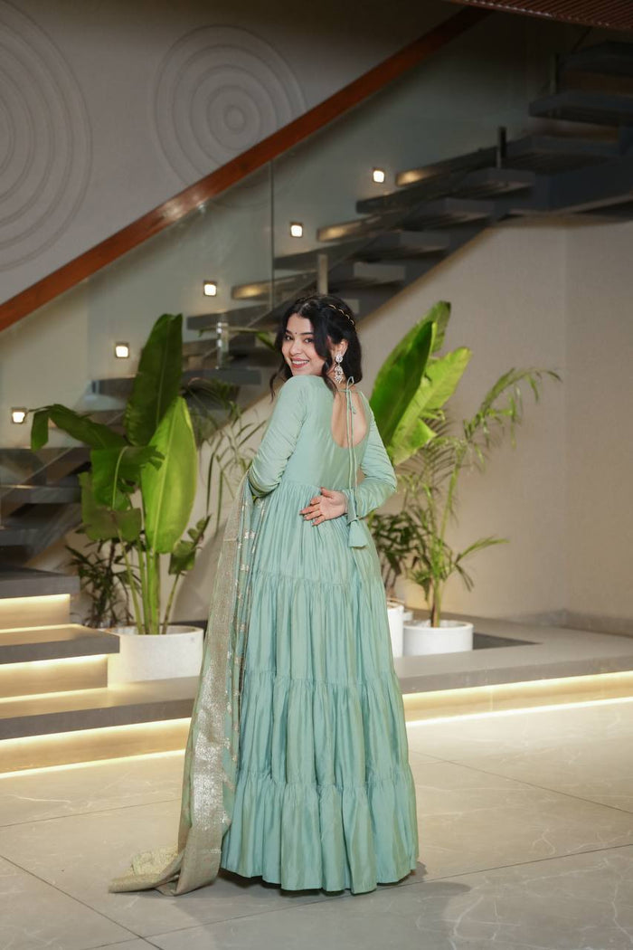 Gorgeous Pista Green Anarkali Gown With Banarasi Silk Dupatta