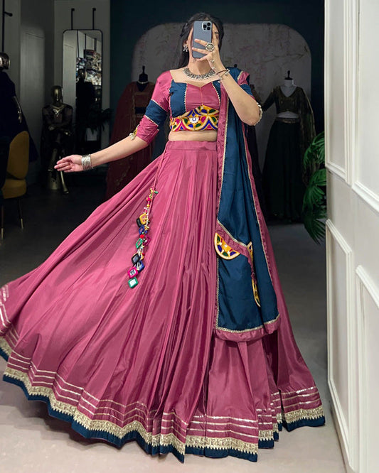 Graceful Pink And Navy Blue Silk Crape Lehenga Choli With Elegant Dupatta