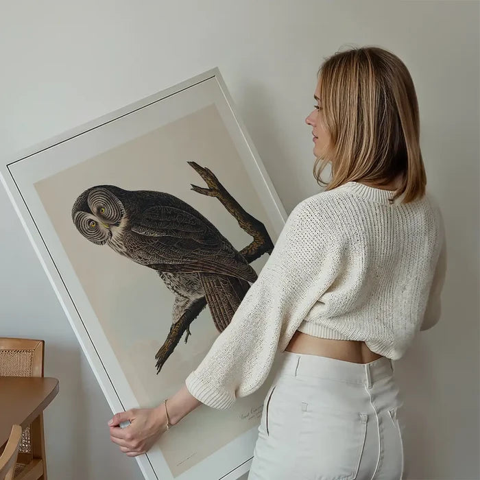 Great Owl Vintage Bird Print held up against a living room wall