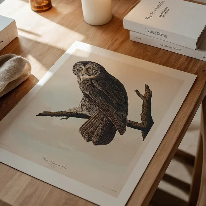 Great Owl Vintage Bird Print unframed on a home office desk