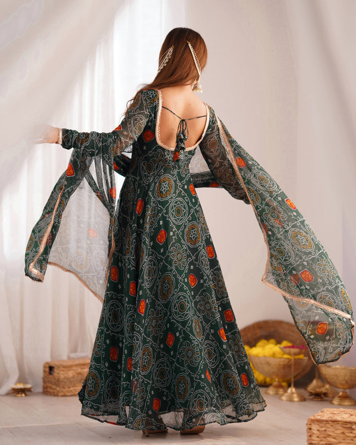 Green Color Bandhej Print Soft Chiffon Anarkali Gown