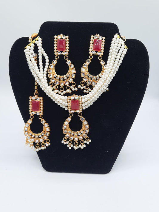 Guluband choker in pink and white colors with earrings and teeka - NATASHAHS