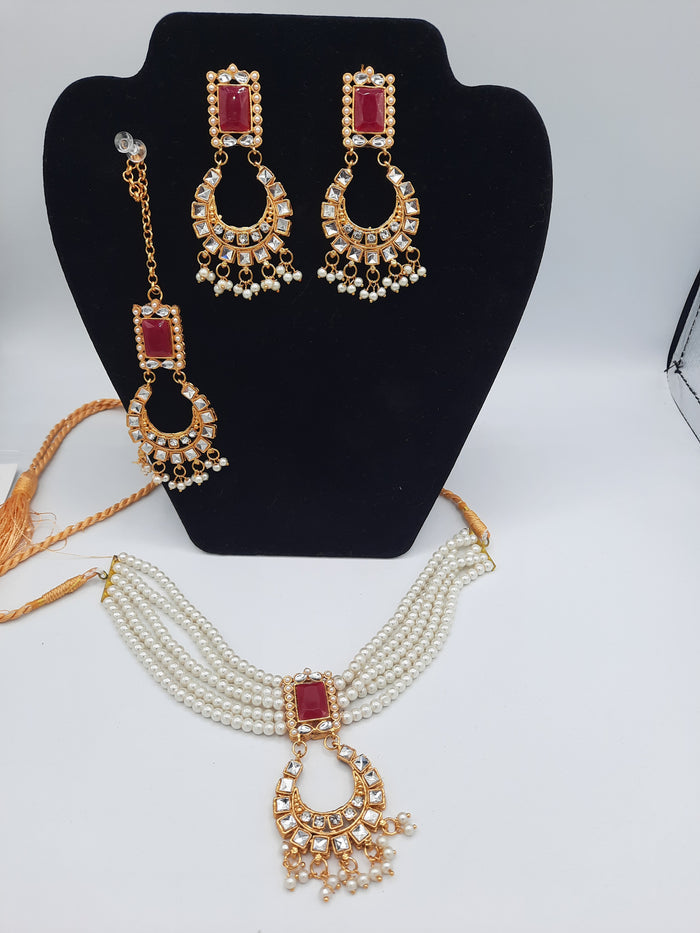Guluband choker in pink and white colors with earrings and teeka - NATASHAHS