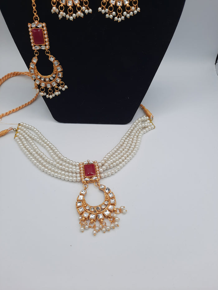 Guluband choker in pink and white colors with earrings and teeka - NATASHAHS