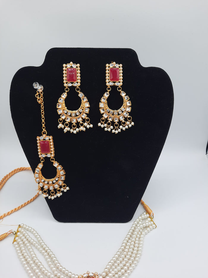 Guluband choker in pink and white colors with earrings and teeka - NATASHAHS