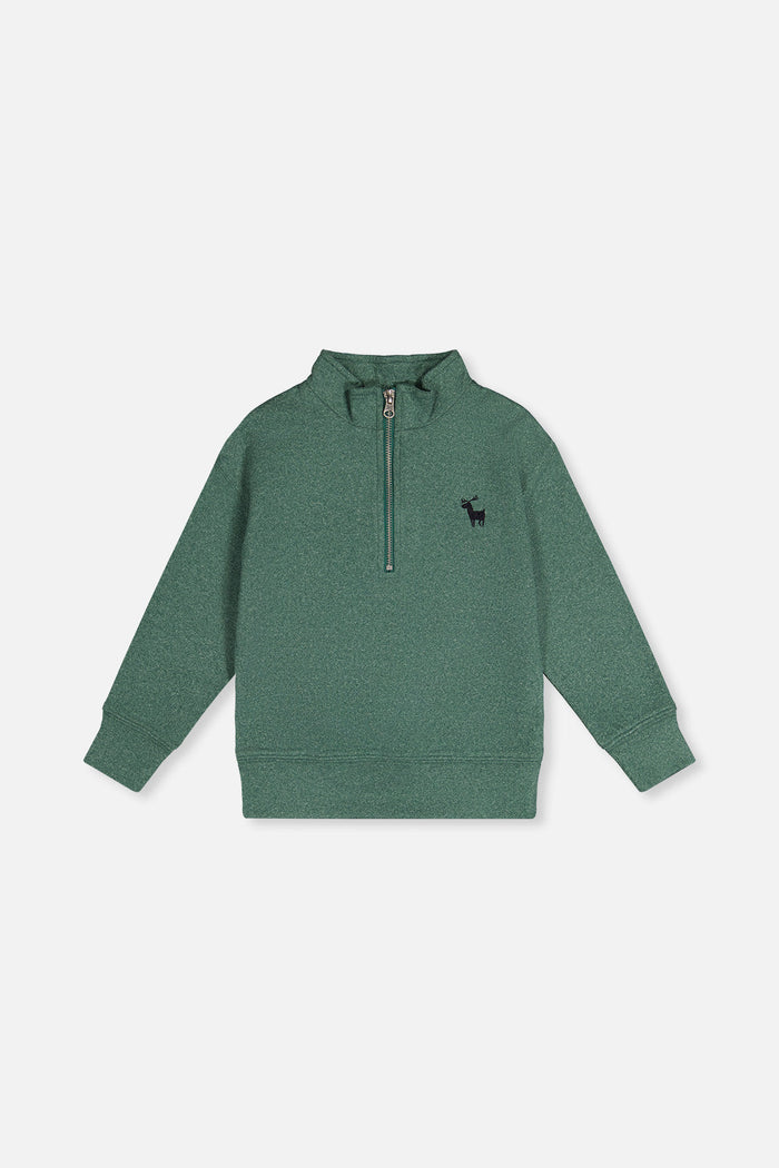 Deux par Deux boys half-zip mock neck sweater in dark green, front view