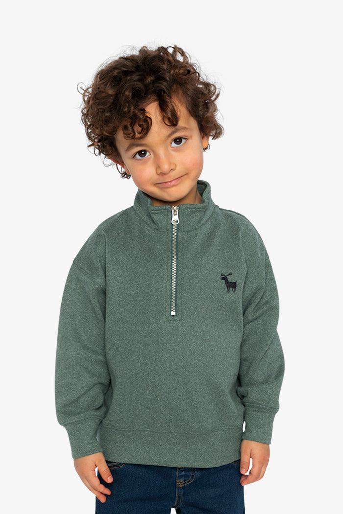 Child wearing the Deux par Deux dark green half-zip sweater, lookbook view