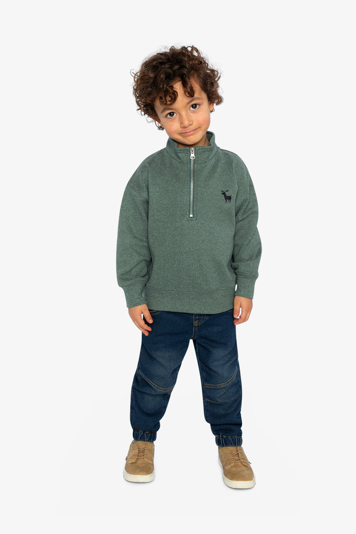Deux par Deux dark green half-zip sweater shown in a full outfit