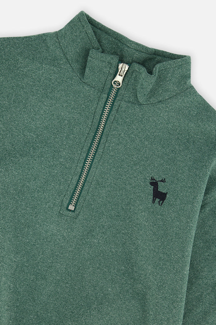 Deux par Deux dark green mock neck sweater with deer, alternate view
