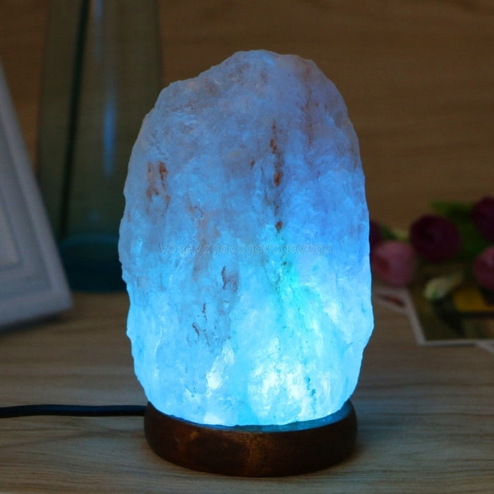 Hand Carved Himalayan Rock Salt Lamp Night Light - USB With Wooden Base