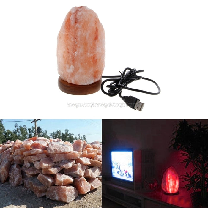 Hand Carved Himalayan Rock Salt Lamp Night Light - USB With Wooden Base
