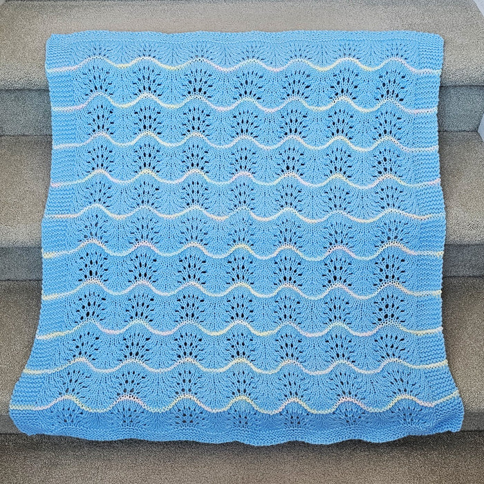Hand Knitted Baby Blanket - Wave Pattern Blue with Mulit-Colored Trim