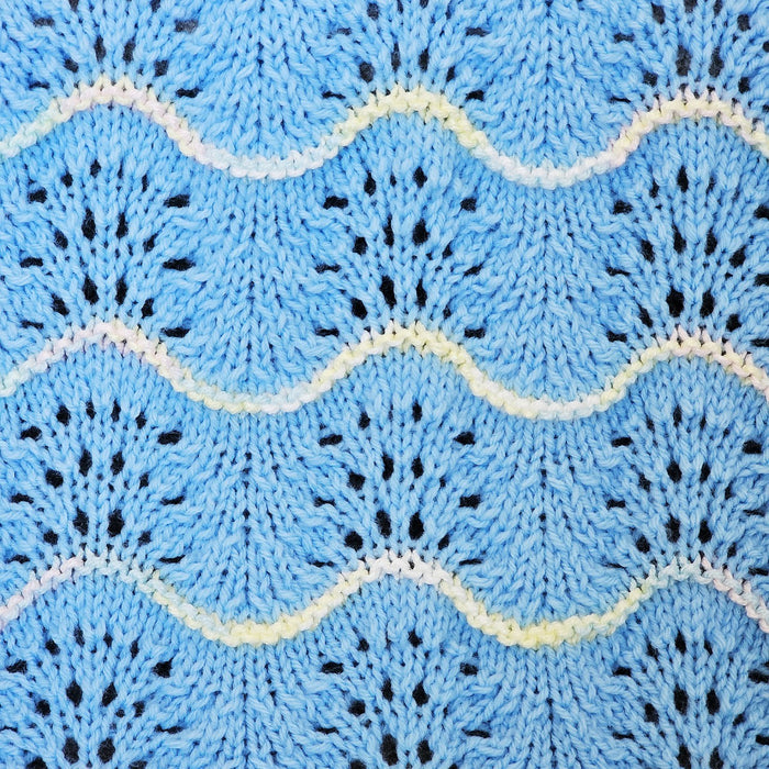 Hand Knitted Baby Blanket - Wave Pattern Blue with Mulit-Colored Trim